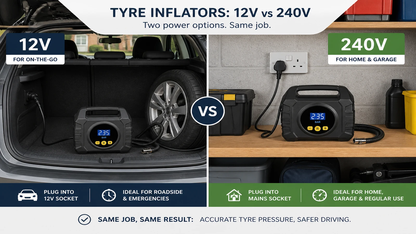 Side-by-side illustration of 12V car socket inflation and 240V garage inflation using a portable tyre inflator