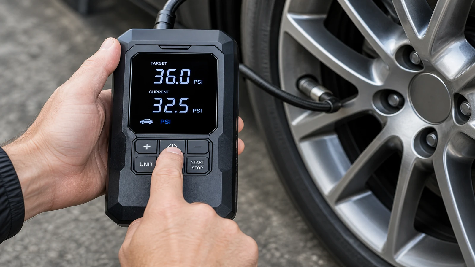 Setting target tyre pressure on a digital auto shut-off inflator before inflation