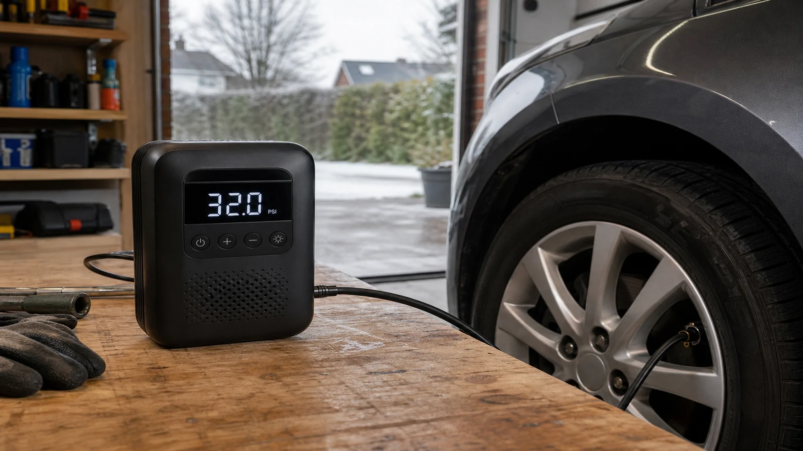Compact dual-power tyre inflator in a UK home garage connected to a car tyre with a digital pressure reading