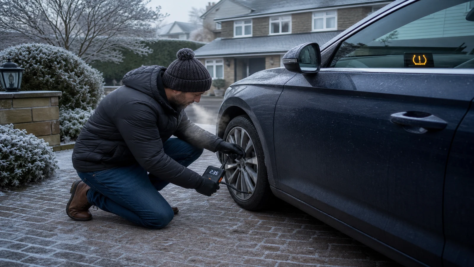 Driver topping up tyre pressure on a cold UK morning with a digital inflator